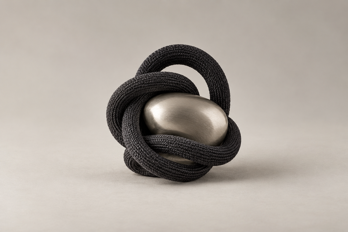 MBTM Objects collection — abstract charcoal cord and brushed-metal form